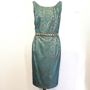 Carmen Marc Valvo Cocktail Holiday Sleeveless Teal Gold Dress 16